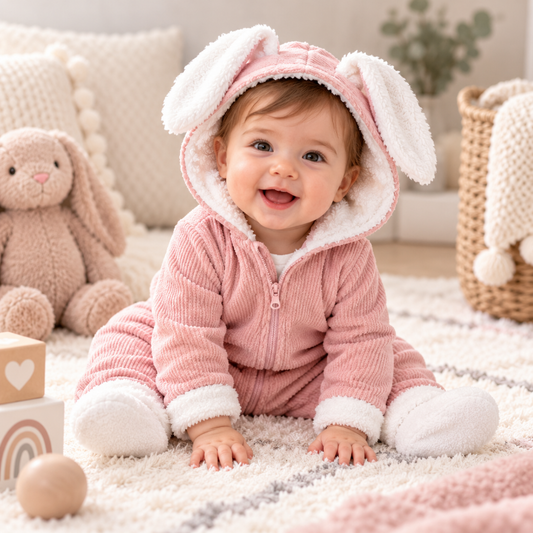 Bébé souriant portant une barboteuse rose à capuche lapin douce et chaude pour l’hiver