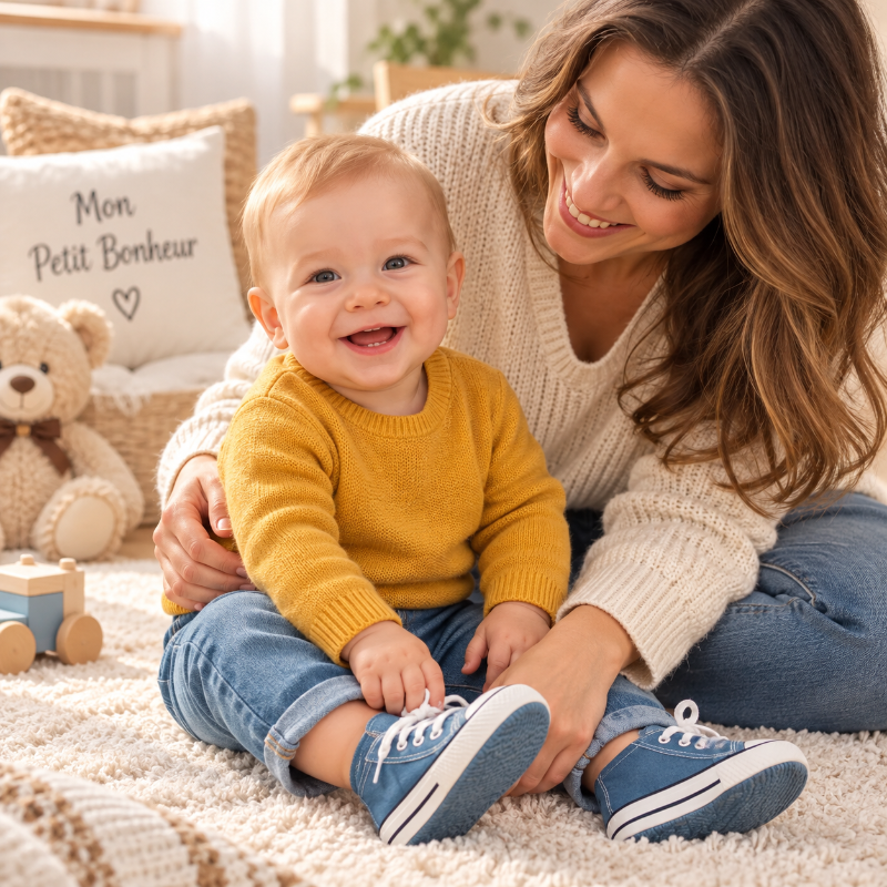 Bébé souriant avec sa maman portant des baskets bleues souples pour les premiers pas