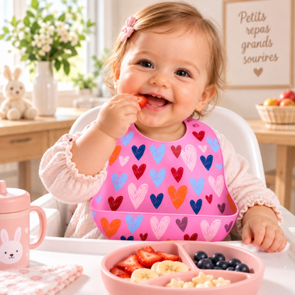 Bébé mangeant avec un bavoir en silicone rose à motifs cœurs