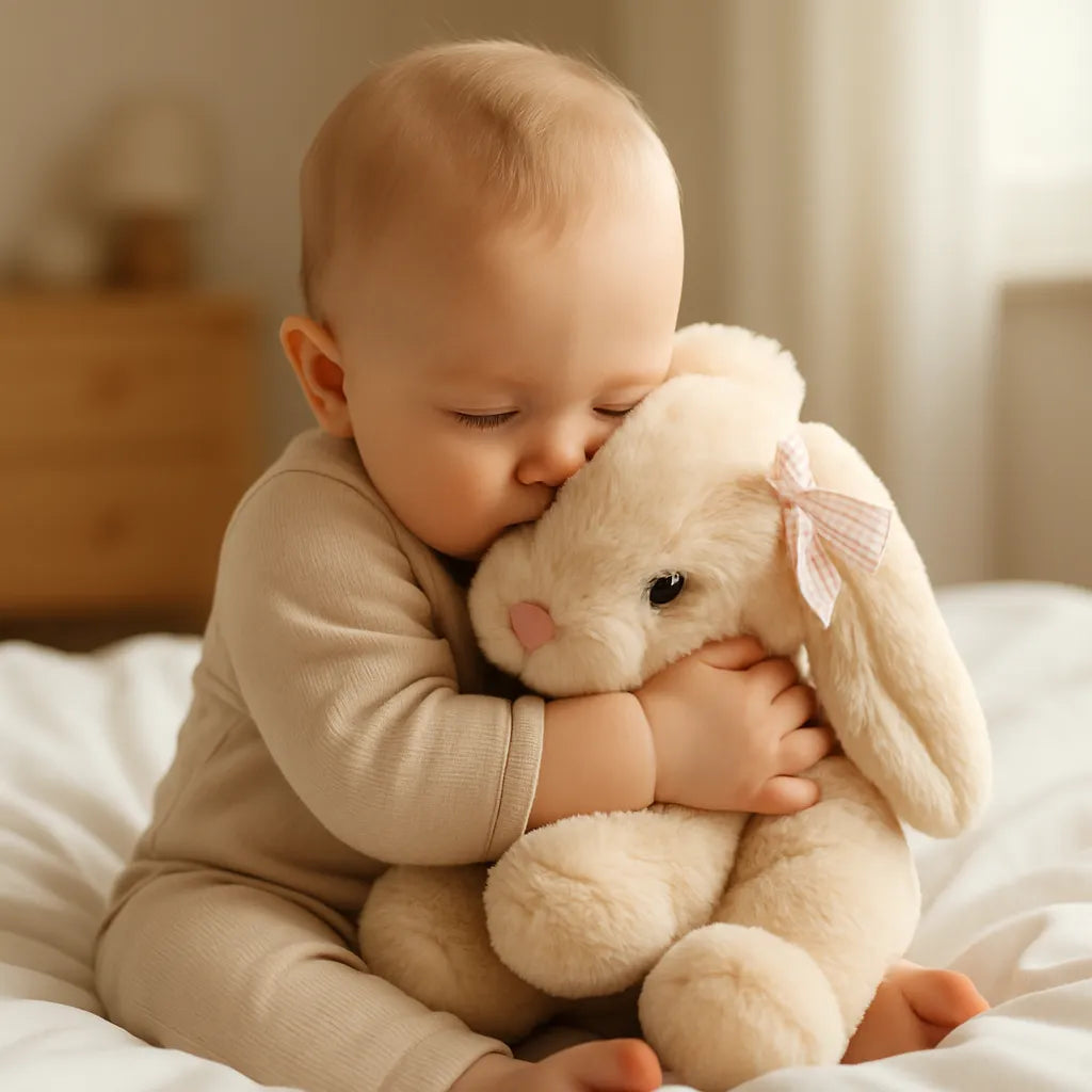 Bébé qui sert fort la peluche lapin