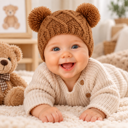 Bébé souriant portant un bonnet ours marron en tricot avec pompons dans une chambre douce et chaleureuse.