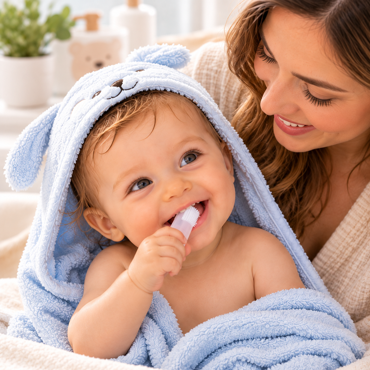 Bébé souriant utilisant une brosse à dents de doigt en silicone sous le regard de sa maman, après le bain, enveloppé dans une serviette bleue.