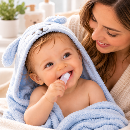 Bébé souriant utilisant une brosse à dents de doigt en silicone sous le regard de sa maman, après le bain, enveloppé dans une serviette bleue.
