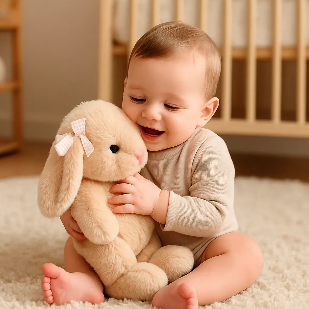 Bébé qui s'amuse avec la peluche lapin
