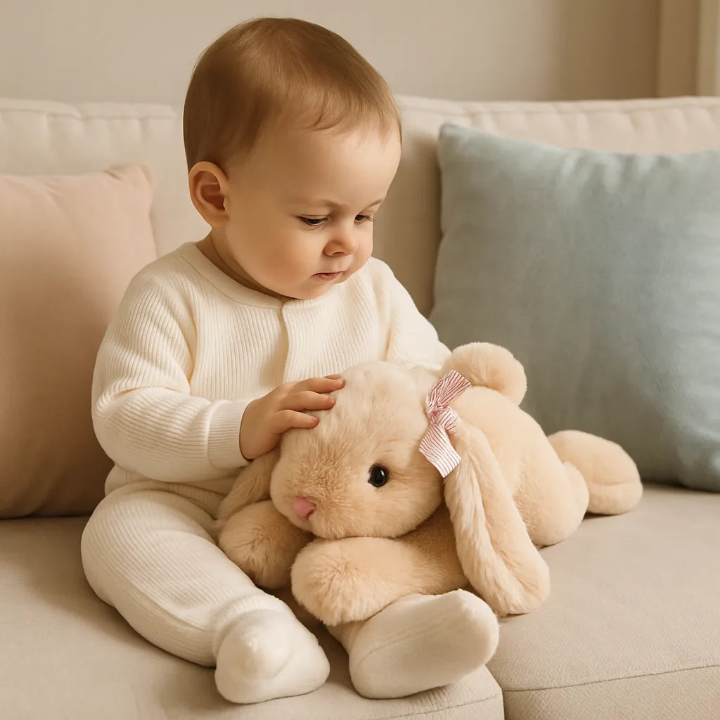 Bébé qui examine la peluche lapin