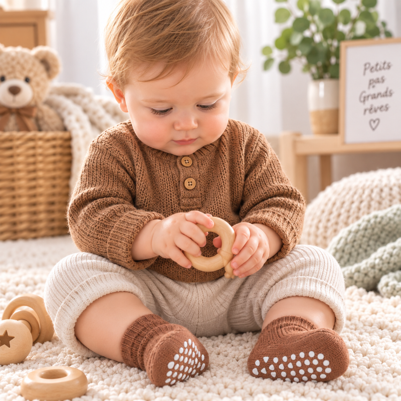 Bébé assis portant des chaussettes marron antidérapantes en maille douce