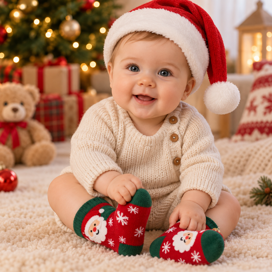 Bébé souriant portant des chaussettes de Noël rouges avec motif Père Noël