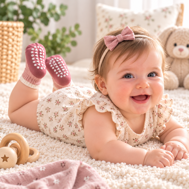 Bébé allongé portant des chaussettes roses antidérapantes avec semelle à picots