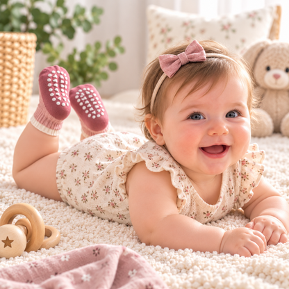Bébé allongé portant des chaussettes roses antidérapantes avec semelle à picots