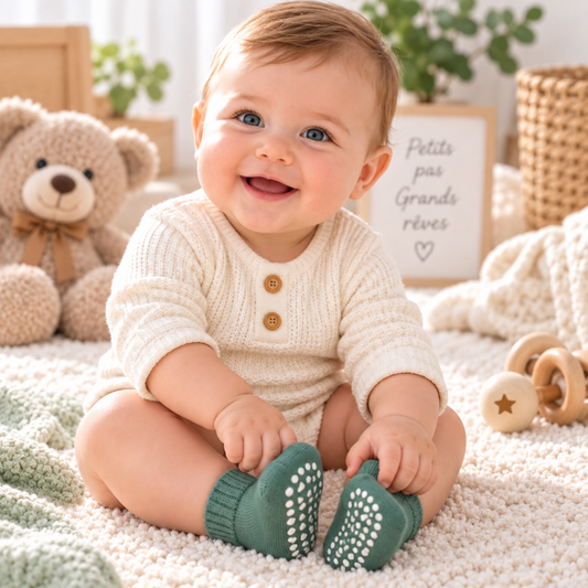 Bébé assis portant des chaussettes vertes avec semelle antidérapante à picots