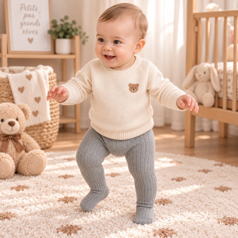 Bébé faisant ses premiers pas avec des collants gris côtelés