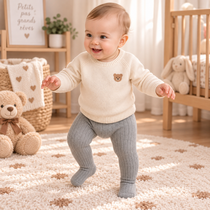 Bébé faisant ses premiers pas avec des collants gris côtelés