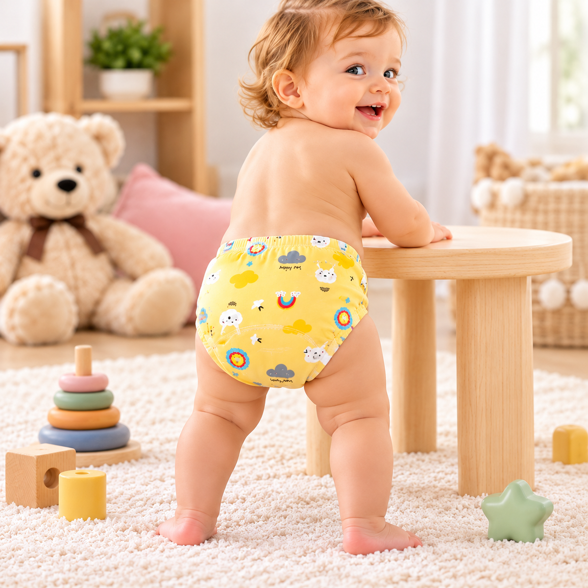 Bébé debout près d’une petite table en bois, portant une culotte d’apprentissage lavable jaune à motifs colorés.