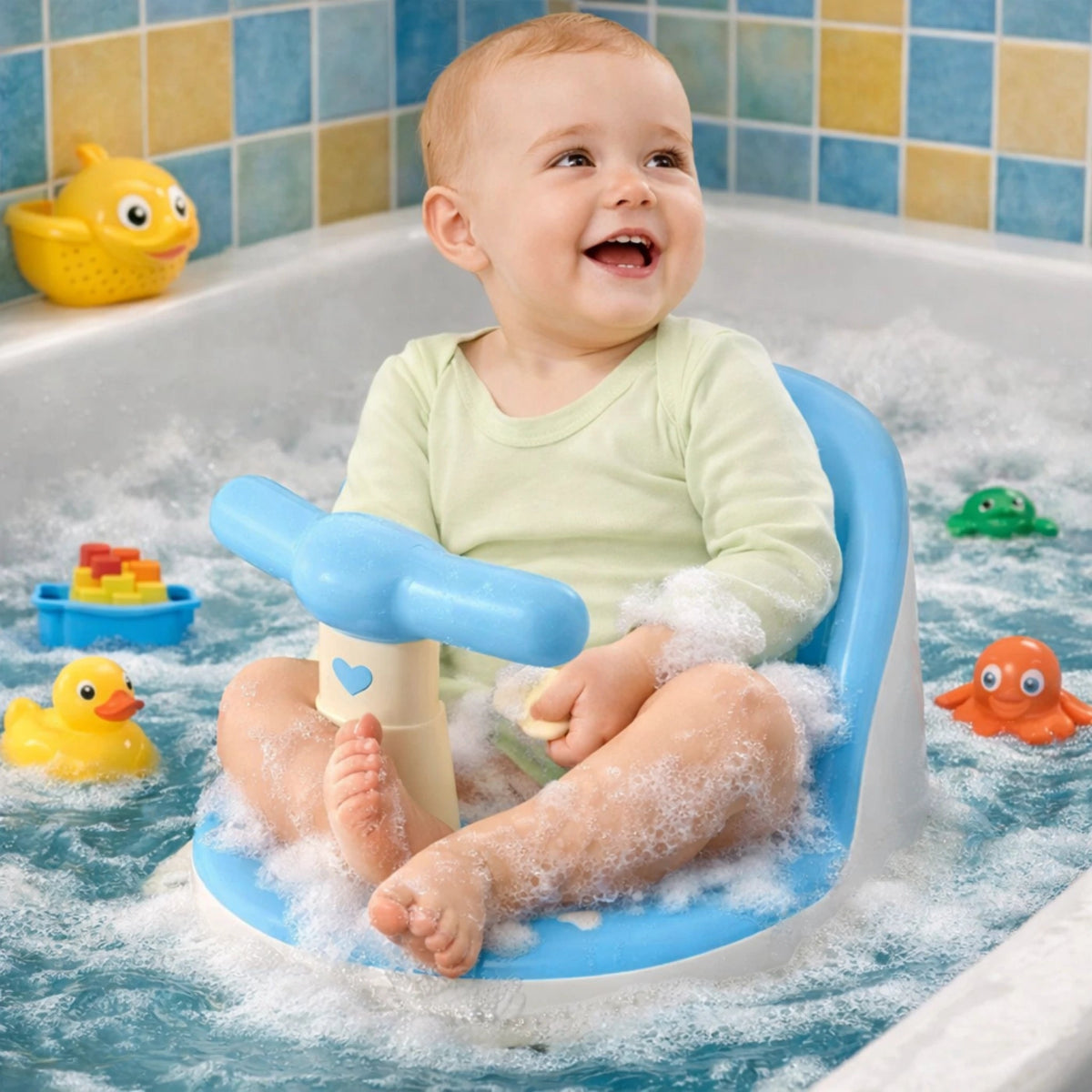 bébé assis dans un siège de bain bébé sécurisé bleu avec mousse et jouets dans la baignoire