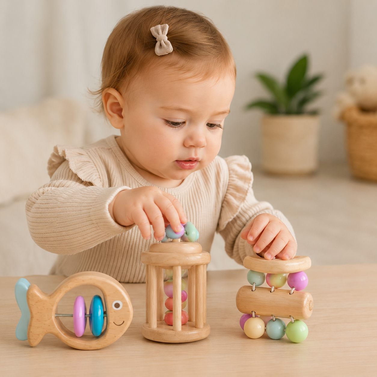 Bébé découvrant un hochet Montessori en bois naturel, idéal pour stimuler la curiosité et la motricité dès les premiers mois