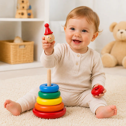 Bébé souriant tenant la tête de la tour à empiler en bois Montessori pendant le jeu d'éveil.