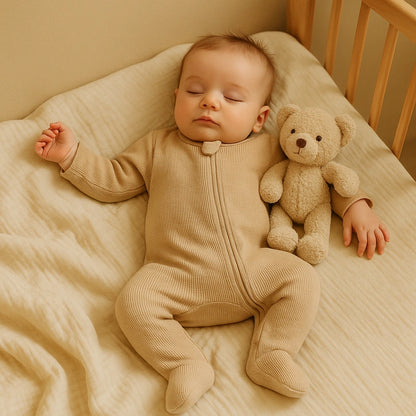 Bébé dort paisiblement en barboteuse beige coton biologique