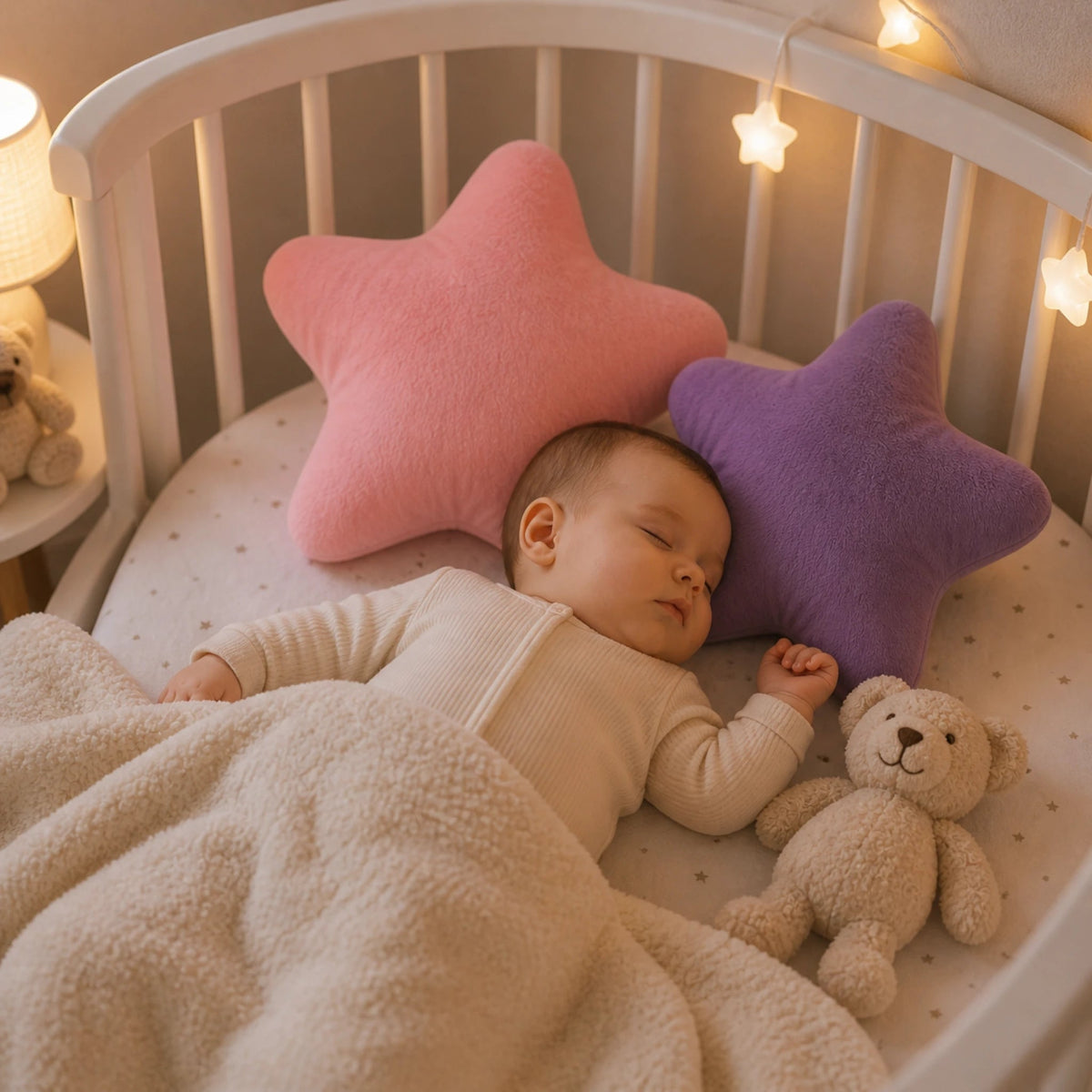 Bébé qui dort avec coussin étoile coussin doux nuit bébé confort et sécurité