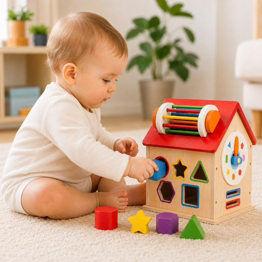 Bébé encastrant un cube dans une maison d'activités en bois Montessori pour stimuler la logique, la motricité fine et la coordination œil-main