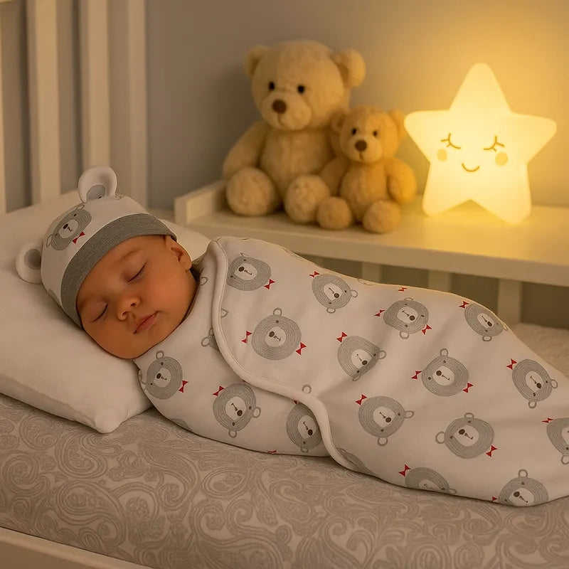 Bébé endormi paisiblement dans une gigoteuse ourson bleue avec bonnet assorti