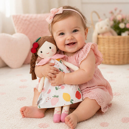poupée en tissu pour bébé motif fruits tenue par un bébé fille dans une chambre enfant décor doux