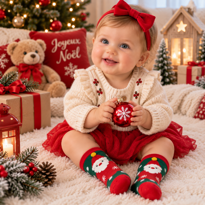 Bébé fille souriante portant des chaussettes de Noël Père Noël dans un décor festif