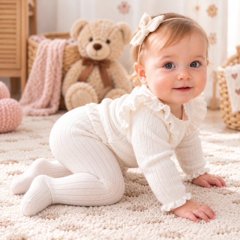 Bébé fille à quatre pattes portant des collants blancs côtelés