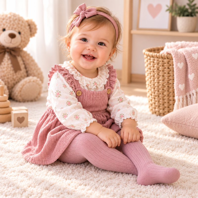 Bébé fille portant des collants roses côtelés dans une chambre douce et chaleureuse