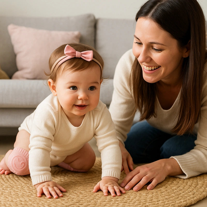 Bébé fille genouillères roses maman joue sur tapis rond