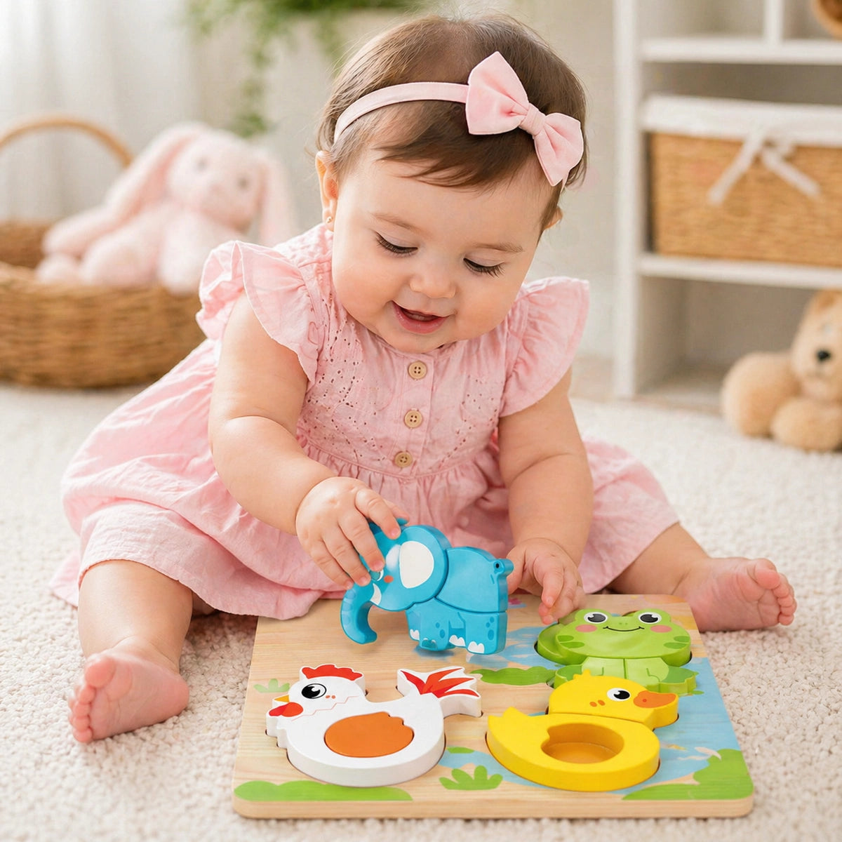 bébé fille jouant puzzle bois animaux montessori jouet éducatif bébé