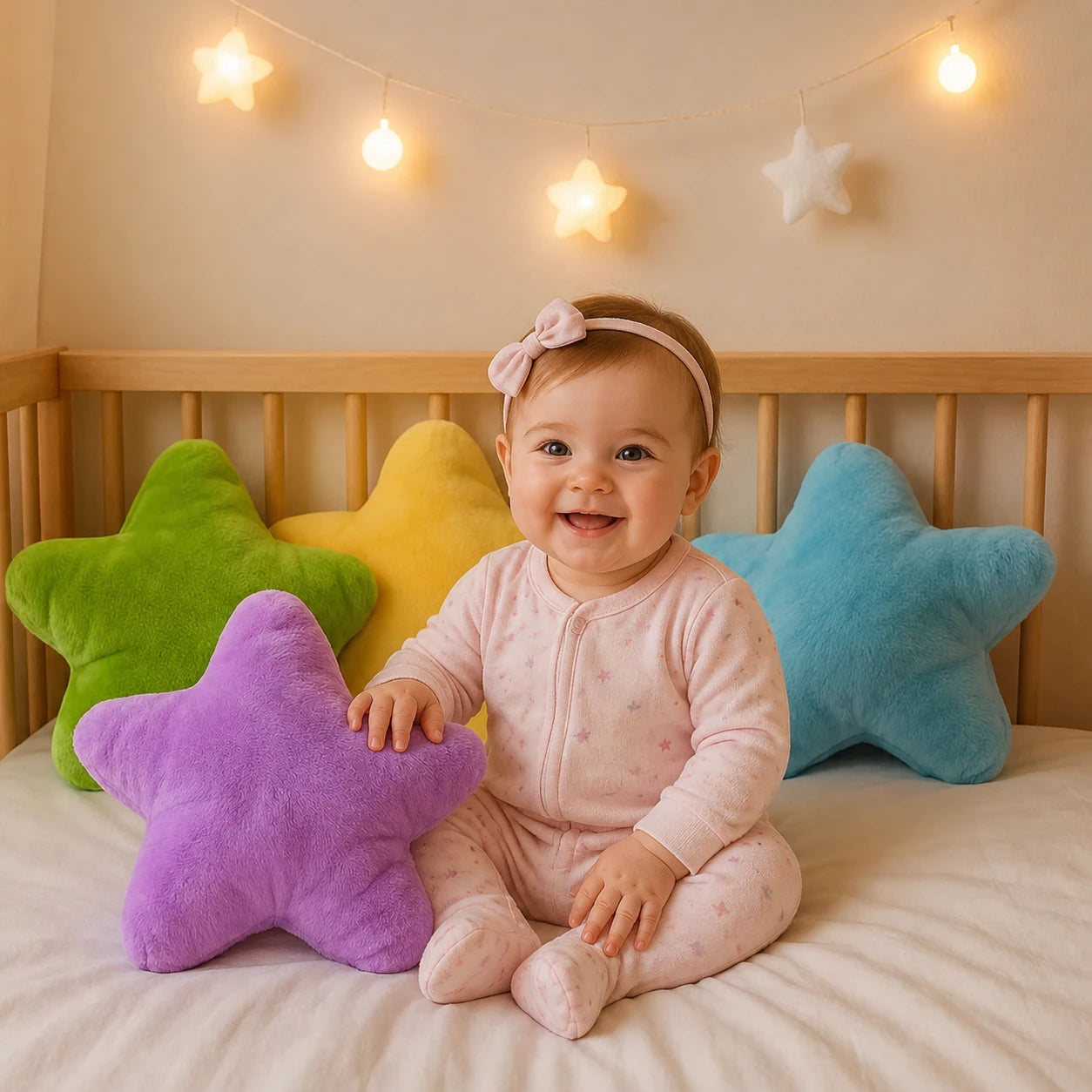 Bébé fille en pyjama avec coussin étoile coussin bébé doux décoration chambre bébé