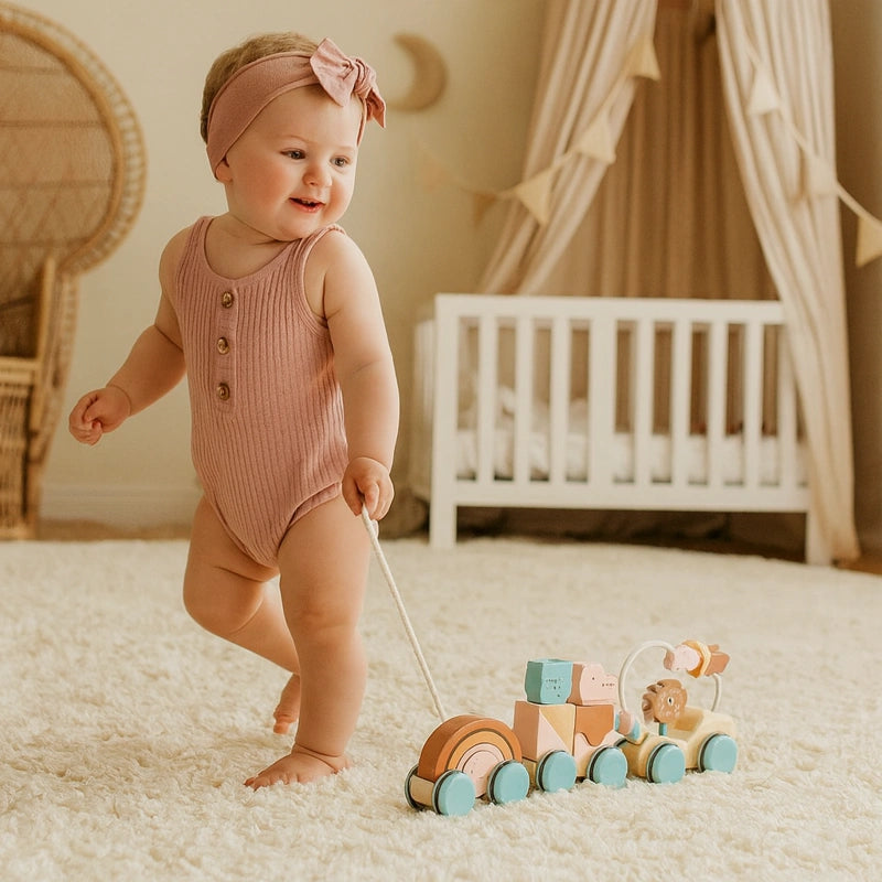 Bébé fille souriante tirant un train en bois éducatif Montessori dans une chambre beige au décor naturel et apaisant.