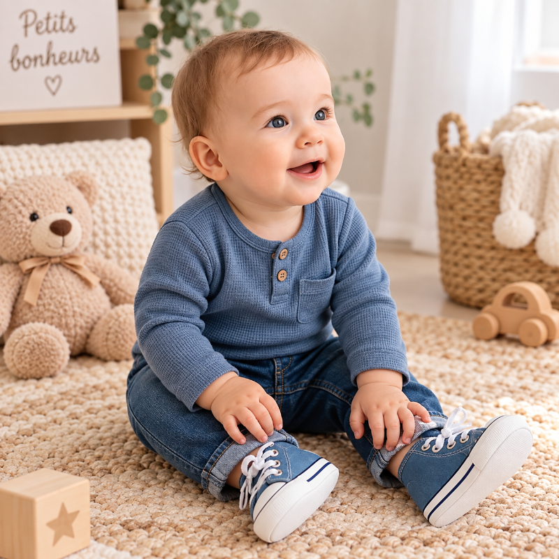 Bébé garçon assis portant des chaussures bleues souples pour ses premiers pas