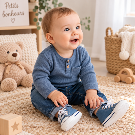Bébé garçon assis portant des chaussures bleues souples pour ses premiers pas