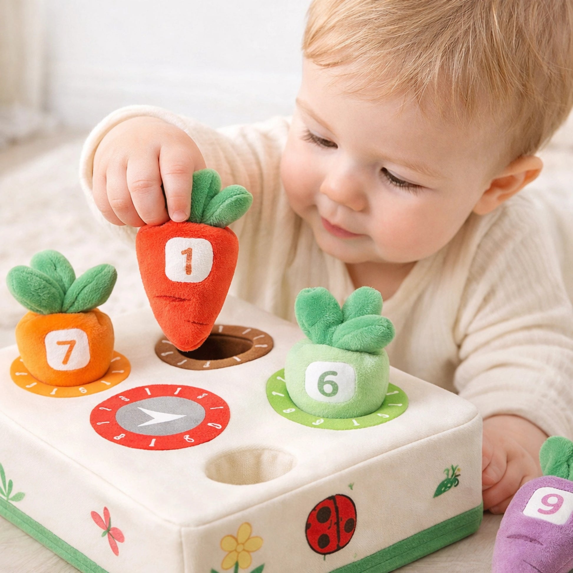 Bébé insère une carotte dans le jeu éducatif Montessori