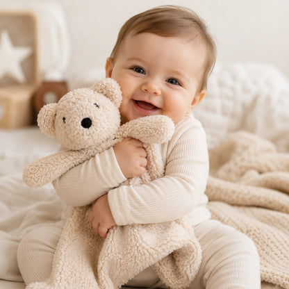 Bébé souriant jouant avec son doudou ours en coton doux.