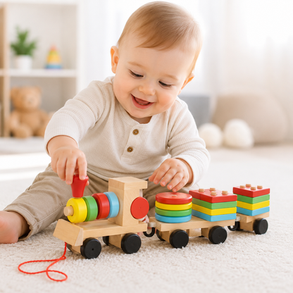 Bébé jouant avec un petit train en bois éducatif à tirer et ses blocs de formes colorés pour développer la motricité et l'éveil