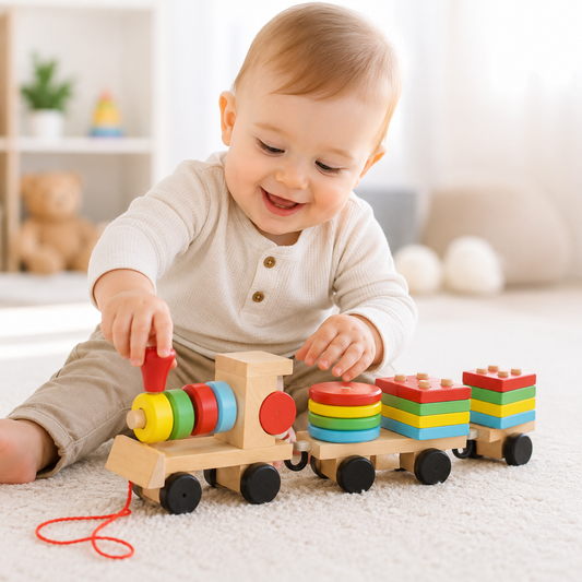 Bébé jouant avec un petit train en bois éducatif à tirer et ses blocs de formes colorés pour développer la motricité et l'éveil