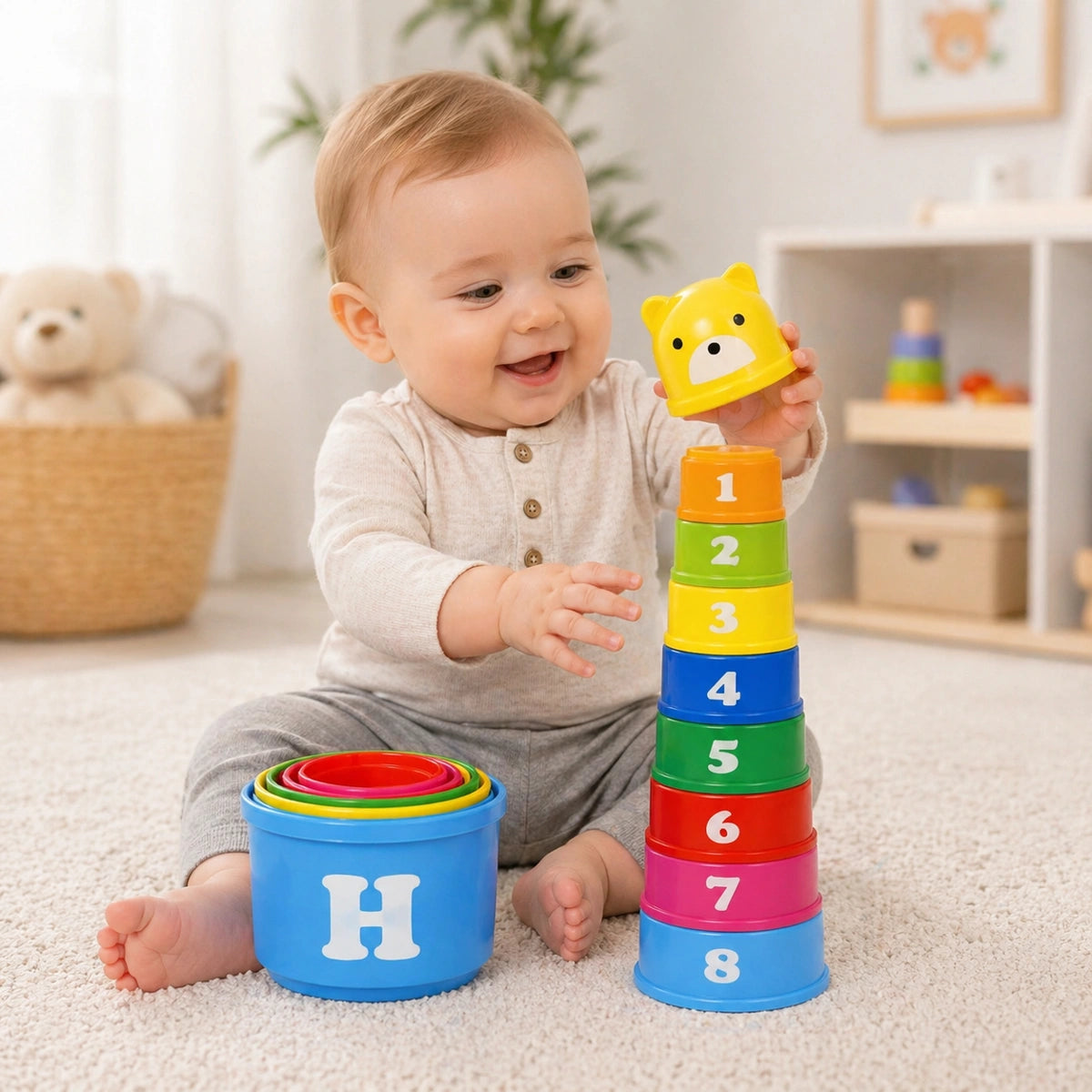gobelets empilables bébé colorés avec chiffres jouet éducatif manipulé par un bébé