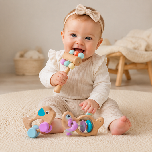 Bébé jouant avec des hochets en bois Montessori pour développer sa motricité fine et son éveil sensoriel