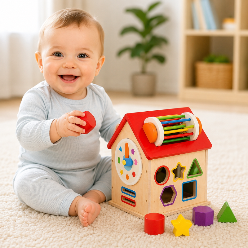 Bébé souriant jouant avec une maison d'activités en bois Montessori pour développer la motricité fine, la coordination et l'autonomie