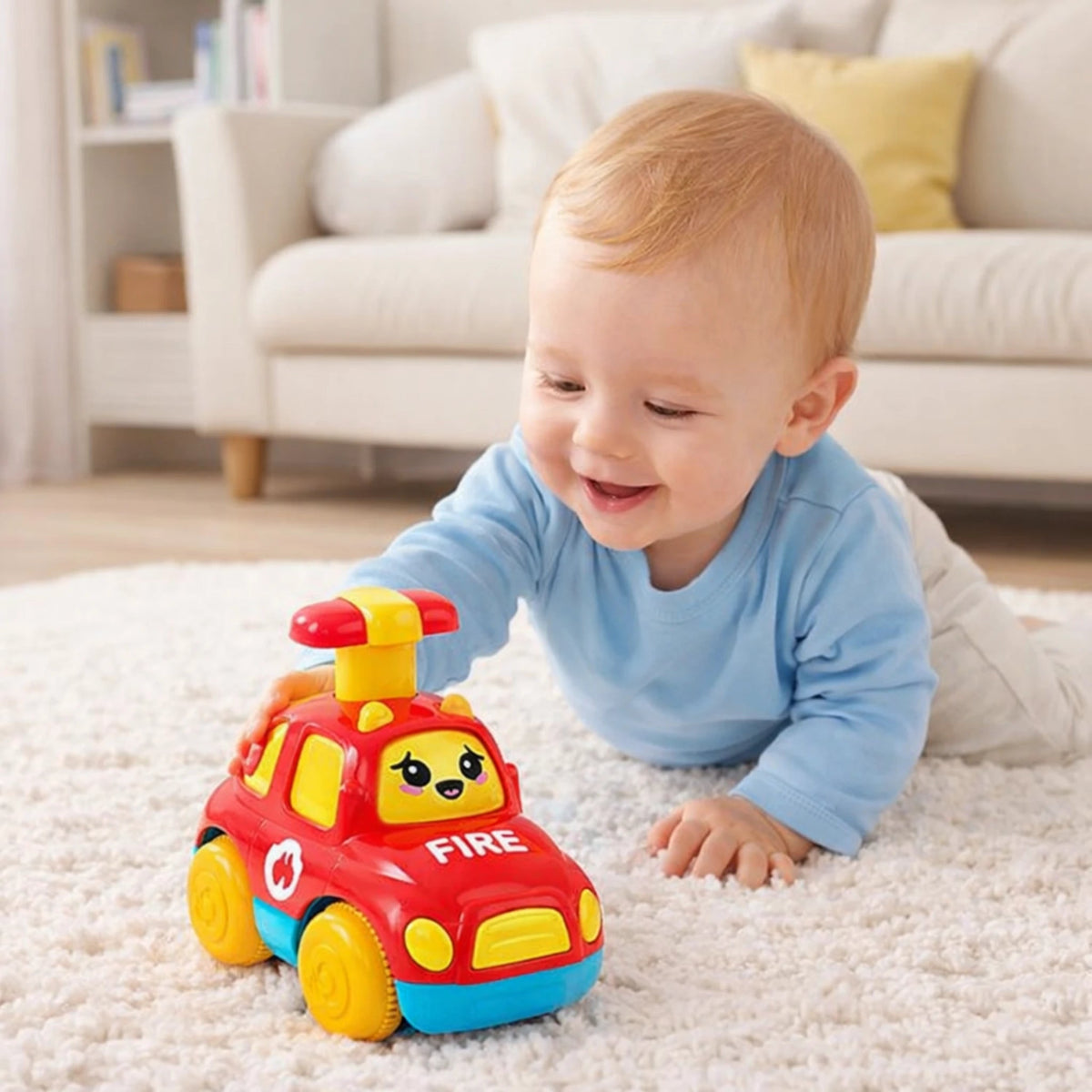 Bébé jouant avec une voiture jouet press and go éducative colorée pour le développement