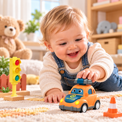Bébé souriant jouant sur un tapis avec une petite voiture de pompier orange équipée d'un bouton poussoir.