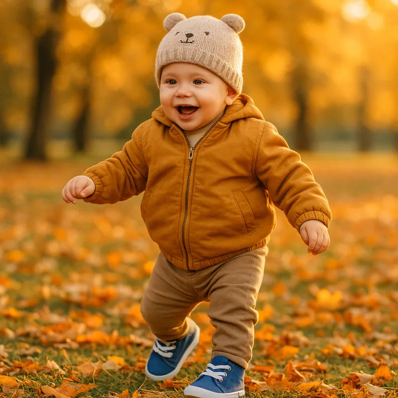 Bébé qui marche dans un parc automnal avec baskets bleues, premiers pas en toute sécurité.