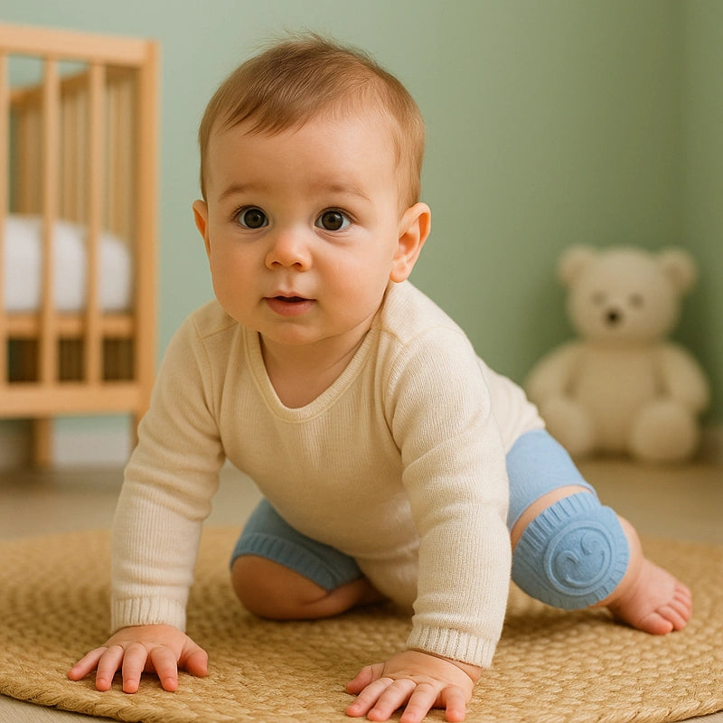 Bébé rampe genouillères bleues sur tapis chambre verte sécurité