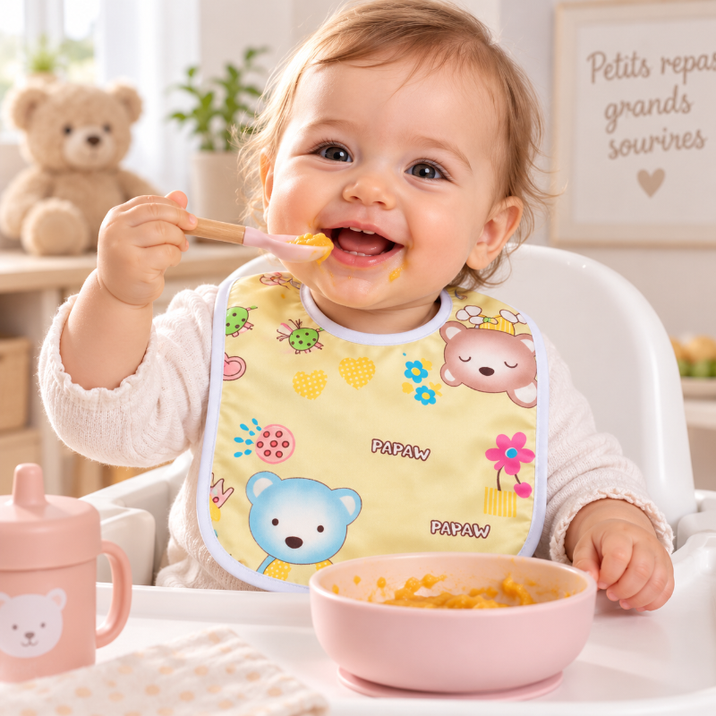 Bébé mangeant son repas avec une bavette imperméable jaune à motifs animaux