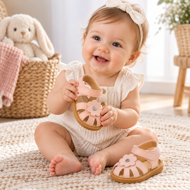 Bébé souriant avec une paire de sandales roses à fleur pour l'été