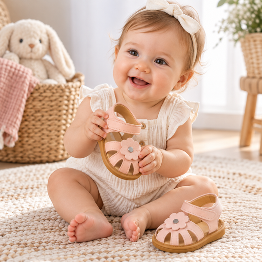Bébé souriant avec une paire de sandales roses à fleur pour l'été