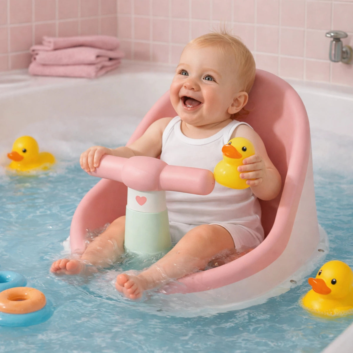 bébé heureux dans un siège de bain bébé confortable rose avec jouet canard dans le bain