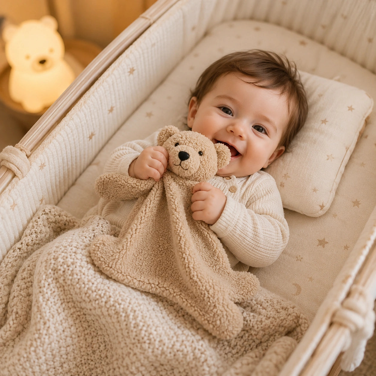 Bébé heureux serrant un doudou ours beige dans ses bras.